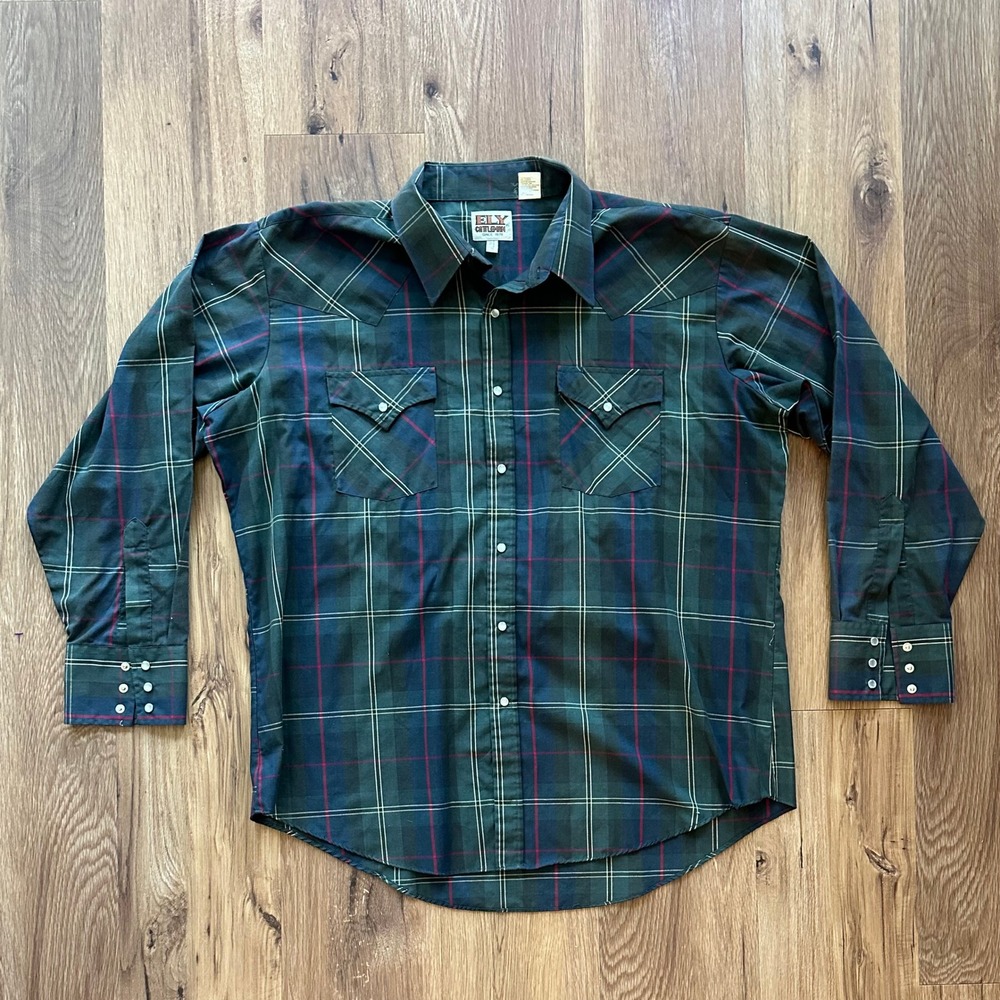 Vintage Ely Cattleman Mens 17.5 X 34 Green Plaid Western Pearl Snap Shirt 90s